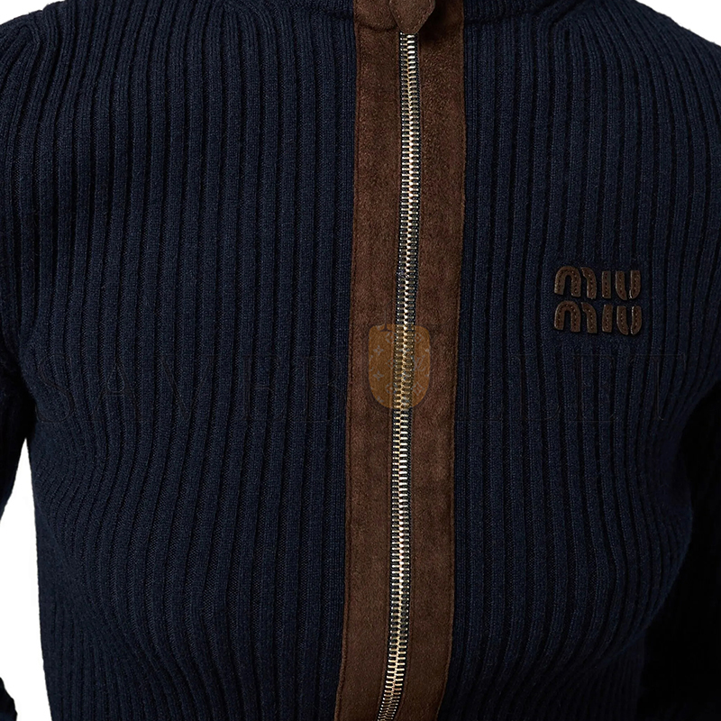 MIU MIU CASHMERE AND LEATHER ZIPPER CARDIGAN MMF992